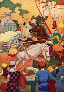 Pierwszy turniej Sir Lancelota (kolorowa litografia) autorstwa Harry George Theaker