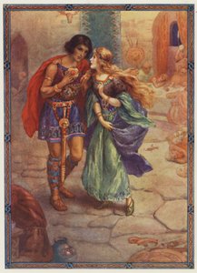 "Weź mnie za żonę!", Diarmuid i Grania (kolorowa litografia) autorstwa Harry George Theaker