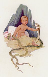 Mały Herkules duszący węże (kolorowa litografia) autorstwa Harry George Theaker