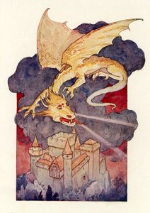 "Smok rozpostarł skrzydła i zawisł nieruchomo nad zamkiem" (kolorowa litografia) autorstwa Harry George Theaker