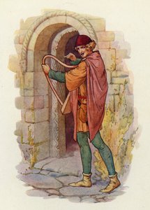 Sława Robin Hooda rozeszła się po wszystkich hrabstwach Midlandu, nawet do samego Londynu, a ballady o jego czynach zaczęły być śpiewane (kolorowa litografia). autorstwa Harry George Theaker