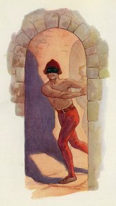 Pierwszy z nich był nagi od pasa w górę i nosił czarną maskę (kolorowa litografia) autorstwa Harry George Theaker