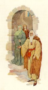 Starzec zaprosił rycerza do zrujnowanego pałacu (kolorowa litografia) autorstwa Harry George Theaker