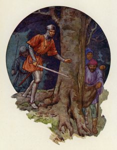 "Nareszcie banici!" zawołał szeryf i z wyciągniętym mieczem pobiegł tam, gdzie zniknęły postacie (kolorowa litografia). autorstwa Harry George Theaker