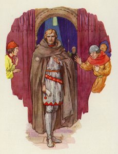 Palmer odrzucił płaszcz, a jego szata rozchyliła się, ukazując go w pełnej zbroi (kolorowa litografia). autorstwa Harry George Theaker