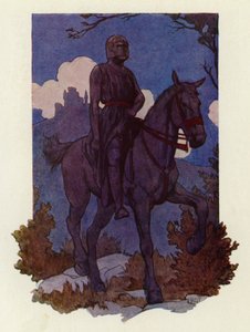 Dziwny rycerz zbliżał się do nich, jadąc na wielkim czarnym koniu i uzbrojony na czarno (kolorowa litografia) autorstwa Harry George Theaker