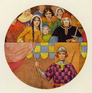 Na trybunach zgromadziło się wielu rycerzy i dam (kolorowa litografia). autorstwa Harry George Theaker