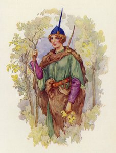 W całym Midlandzie nie było tak uczciwej i kochającej żony jak pokojówka Marian dla Robin Hooda (kolorowa litografia). autorstwa Harry George Theaker