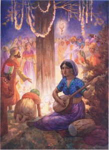 Przybyli z girlandami, lampami i muzyką. Z Kolumny Królewskiej, ilustracja z "Childrens Stories from Indian Legends", ok. 1930 r. (kolorowa litografia) autorstwa Harry George Theaker