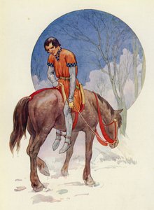 Tak więc Guy odjechał, zwrócony w ich stronę, z nogami mocno przywiązanymi pod koniem (kolorowa litografia) autorstwa Harry George Theaker