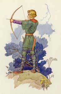 "Młody Waltheof jest teraz dobrym młodym kogutem", powiedział Much, "przysięgając, że gdy dorośnie, będzie człowiekiem Robin Hooda" (kolorowa litografia). autorstwa Harry George Theaker