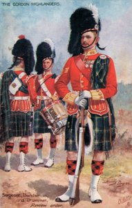 The Gordon Highlanders, sierżant, orkiestra i perkusista, zamówienie kontrolne (litografia kolorowa)