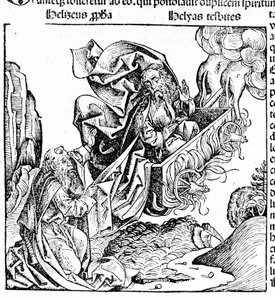 Eliasz wznosi się w ognistym rydwanie, pozostawiając swoją posiadłość Elisee. Hartmann Schedel: Kronika Norymbergi. Norymberga 1497 autorstwa Hartmann Schedel