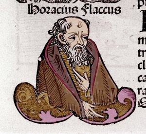 Portret Horacego (Quintus Horatius Flaccus) (65-8 pne), łacińskiego poety. W „Księdze Kroniki” Hartmanna Schedla. 1497 autorstwa Hartmann Schedel