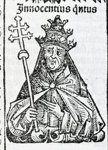 Portret papieża Innocentego IV (1195 - 1254) w Liber Chronicarum autorstwa Hartmanna Schedla Norymberga