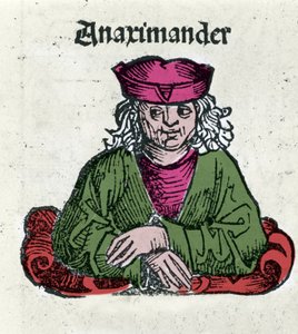 Reprezentacja Anaksymandrosa lub Anaksymandra De Miletus (610 - 547 pne), greckiego filozofa, matematyka i astronoma Ksylografia z „Kroniki Norymbergi” Hartmanna Schedla