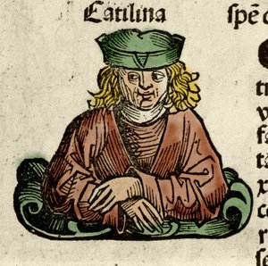 Reprezentacja Katyliny (Lucius Sergius Catilina) (108-62 pne), rzymskiego polityka, który spiskował przeciwko Senatowi. Grawer z „”Liber chronicarum”” Hartmanna Schedel