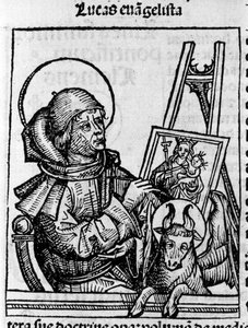 Reprezentacja Ewangelisty św. Łukasza. Rycina z „Liber chronicarum” (kroniki norymberskie) Hartmanna Schedla 1493