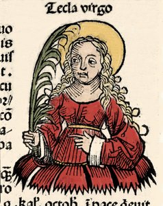 Reprezentacja Matki Boskiej i Tekle Męczeństwa Ikonium (Santa Tecla) Ksylografia „” Kronik Norymbergi”” Hartmanna Schedla autorstwa Hartmann Schedel