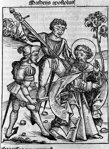 Reprezentacja ewangelisty św. Mateusza. Rycina z „Liber chronicarum” (kroniki norymberskie) Hartmanna Schedla 1493 autorstwa Hartmann Schedel