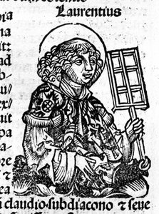 Saint Laurent trzymający w ręku grill, narzędzie jego męczeństwa. Rycina z „Liber Chronicarum Hartmanna Schedla” autorstwa Hartmann Schedel