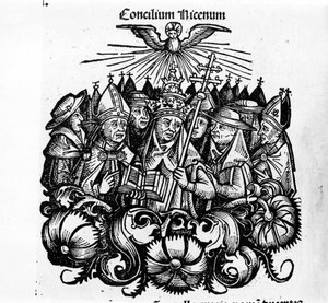 Sobór Nicejski. Ilustracja „” Universal Chronicles of Norymberga”” H. Schedel autorstwa Hartmann Schedel