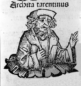 Grecki filozof Archytas z Tarentu (435-347 pne) filozof Pitagoryk, matematyk, astronom. Ksylografia „Kroniki Norymbergi” Hartmanna Schedel