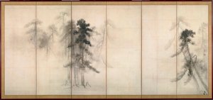 „Sosny” Tusz na papierze Tohaku Hasegawa (1539-1610) XVI w. Dim 156x356 cm Japonia Muzeum Narodowe w Tokio