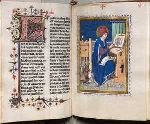 Ewangeliarz z portretami ewangelistów: zdobiony inicjał autorstwa Hausbuch Master