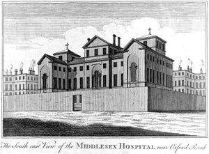 Południowo-wschodni widok szpitala Middlesex, 1745