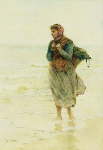 „Wzbierający przypływ, Jetsom i Flotsam”: młody zbieracz wodorostów na skraju wody,