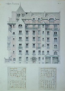 Fasada i plan terenu „Castel-Beranger”, ilustracja z książki Hectora Guimarda (1867-1942) (kolor lito) autorstwa Hector Guimard
