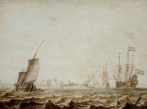 Wijdschip opuszczający żagiel na wzburzonym morzu, połowa XVII wieku (olej na panelu) autorstwa Heerman Witmont