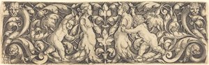 Krzyż Panel z winoroślą w środku i para Trytonów, 1537. autorstwa Heinrich Aldegrever