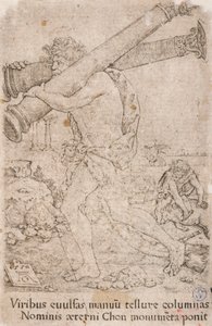 Herkules niosący kolumny Gadesa, z serii:  The Labours of Hercules (12) autorstwa Heinrich Aldegrever