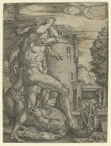 Herkules zabija smoka Ladon Prace Herkulesa (tytuł serii) autorstwa Heinrich Aldegrever