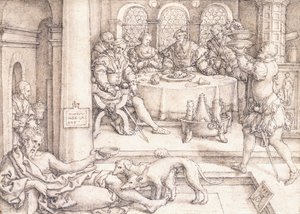 Łazarz błagający o okruchy ze stołu nurkowego, 1552 autorstwa Heinrich Aldegrever