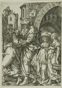 Lot i jego rodzina uciekają z Sodomy, z „Historia Lota” autorstwa Heinrich Aldegrever