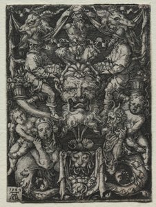 Projekt ornamentu z maską, para trytonów i dwoje dzieci poniżej, 1549. autorstwa Heinrich Aldegrever