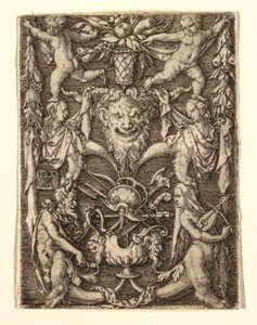 Ornament z maską i figurami groteskowymi autorstwa Heinrich Aldegrever