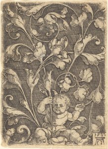 Ozdoba zwoju z siedzącym dzieckiem, 1532. autorstwa Heinrich Aldegrever