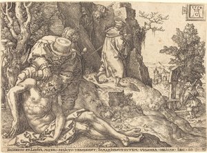 Dobry Samarytanin posługa podróżnikowi, 1554. autorstwa Heinrich Aldegrever