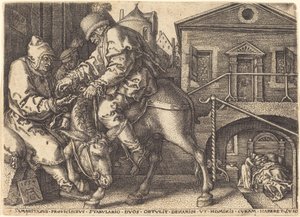 Dobry Samarytanin płaci za mieszkanie podróżnika, 1554. autorstwa Heinrich Aldegrever
