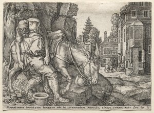 Przypowieść o dobrym Samarytaninie: Dobry Samarytanin sadza podróżnika na swoim osiołku, 1554. autorstwa Heinrich Aldegrever