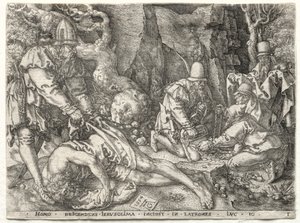 Przypowieść o dobrym Samarytaninie: Zbójcy atakujący podróżników, 1554. autorstwa Heinrich Aldegrever