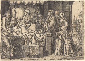 Bogacz na łożu śmierci autorstwa Heinrich Aldegrever