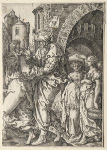 Historia Lota: Lot i jego rodzina uciekają z Sodomy, 1555. autorstwa Heinrich Aldegrever