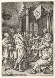 Historia Zuzanny: Daniel krzyżowy przesłuchujący starszych autorstwa Heinrich Aldegrever
