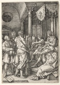 Historia Zuzanny: Daniel krzyżowy przesłuchujący starszych. autorstwa Heinrich Aldegrever
