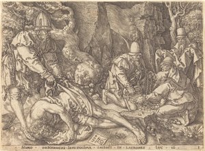Podróżnik wśród złodziei, 1554. autorstwa Heinrich Aldegrever